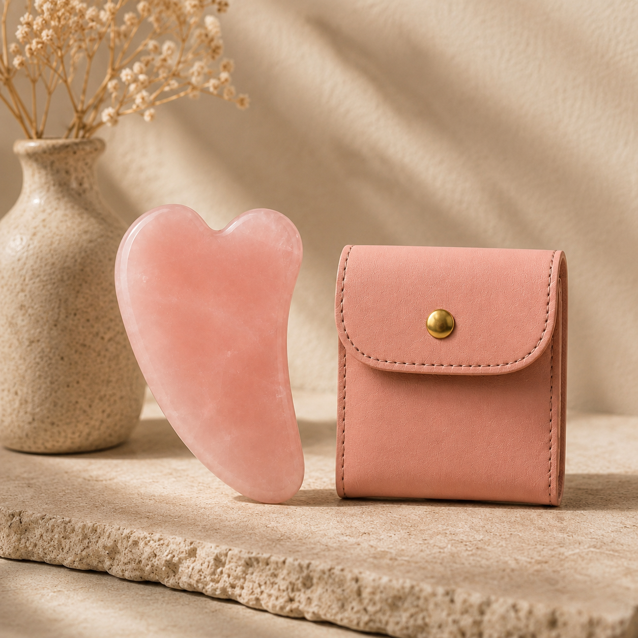 Gua Sha Quartz Rose & Pochette Cadeau — Édition Précieuse